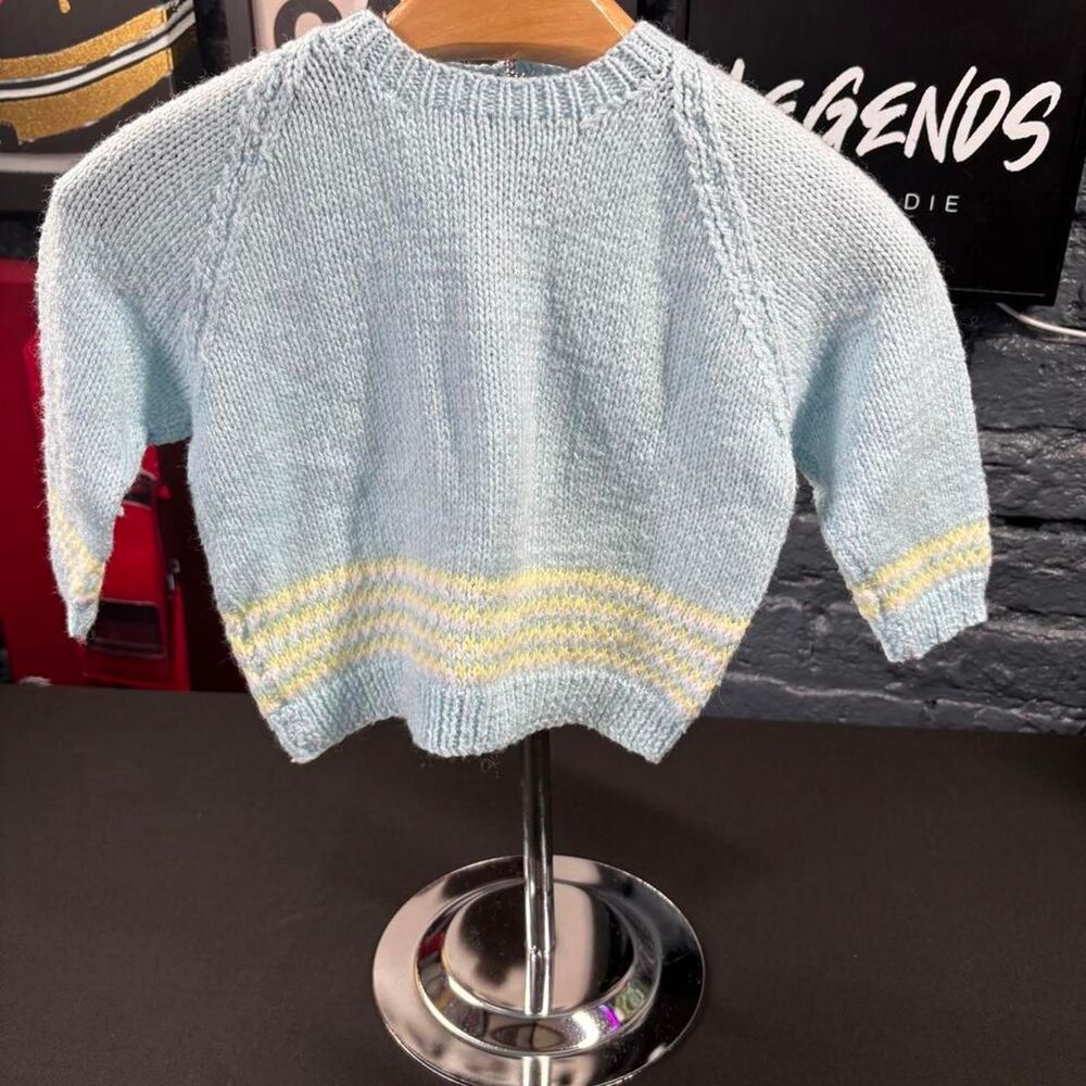 Vintage Hand Knit Baby Sweater – Powder Blue Pastel Stripe Raglan Knit